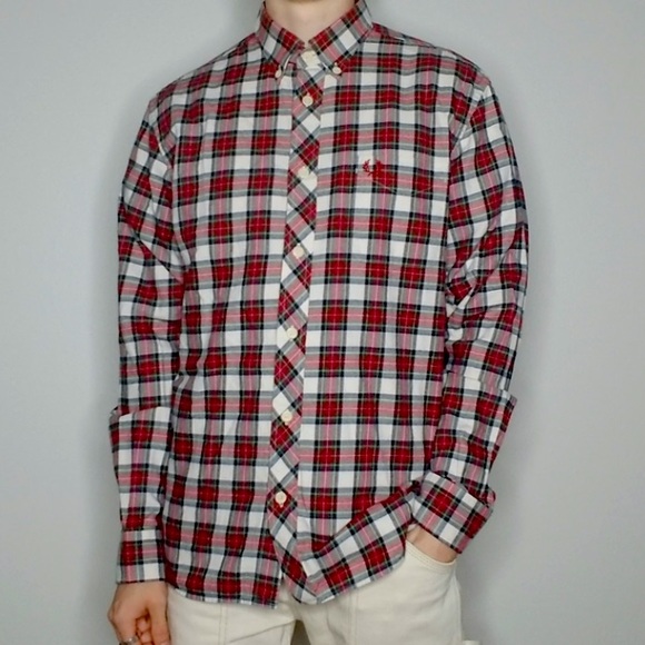 Fred Perry $275 Red & White Plaid Flannel Button Down Shirt sz Small EUC - Picture 2 of 16